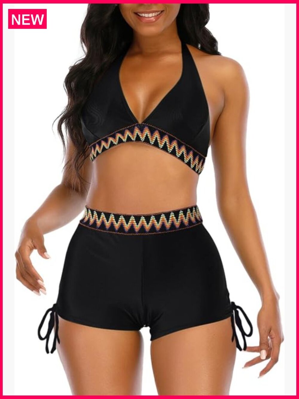 High Waisted Bikini with Boy Shorts Triangle Top Stripes Halter Two Piece